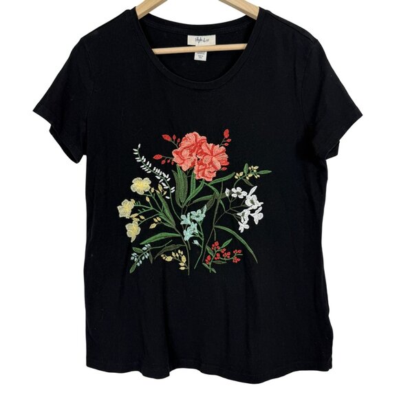 Style & Co Women’s T-Shirt Medium Black Cotton Colorful Floral Embroidered - Picture 1 of 6